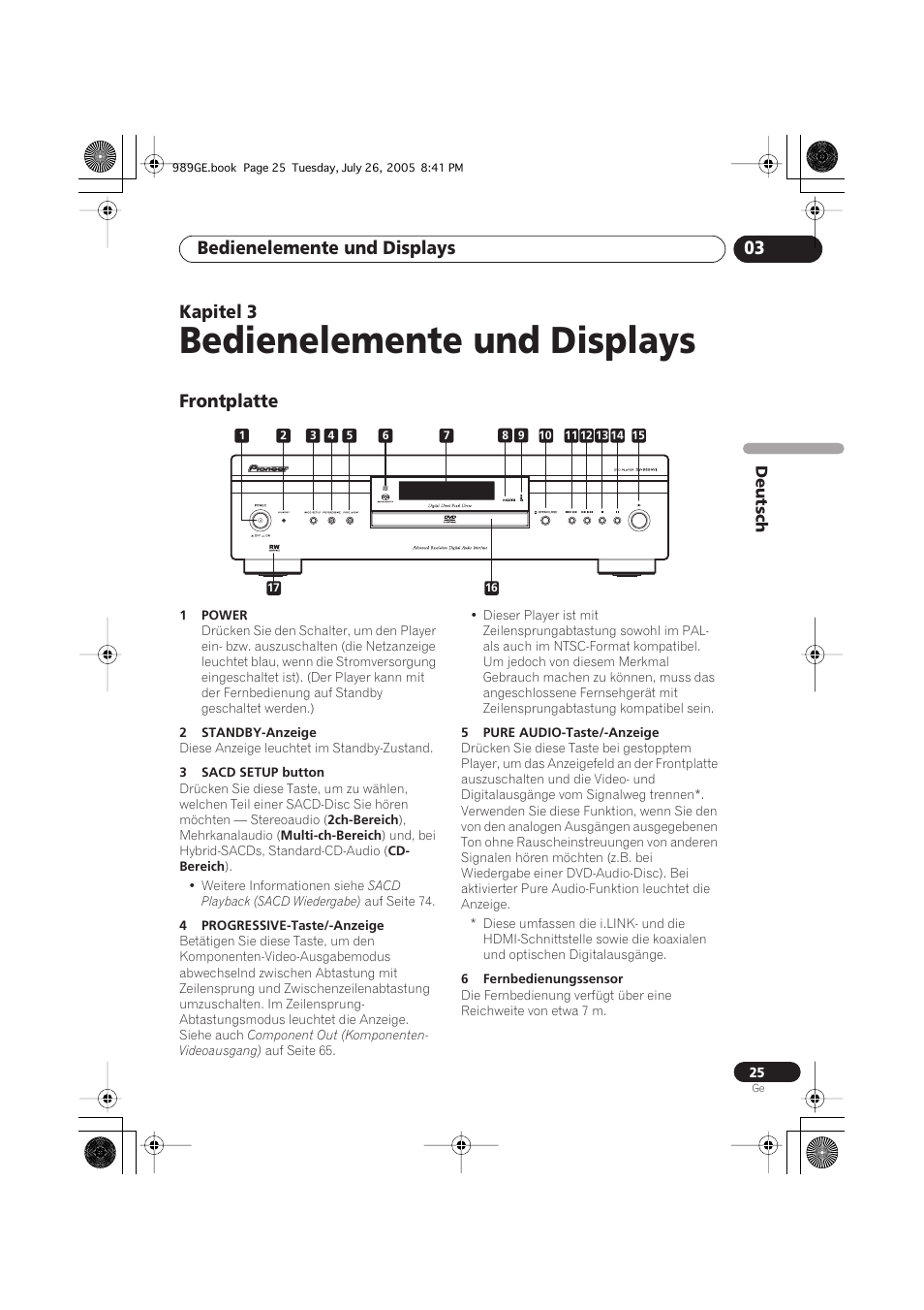 03 bedienelemente und displays, Frontplatte, Bedienelemente und displays | Bedienelemente und displays 03, Kapitel 3 | Pioneer DV-989AVi-S User Manual | Page 125 / 204