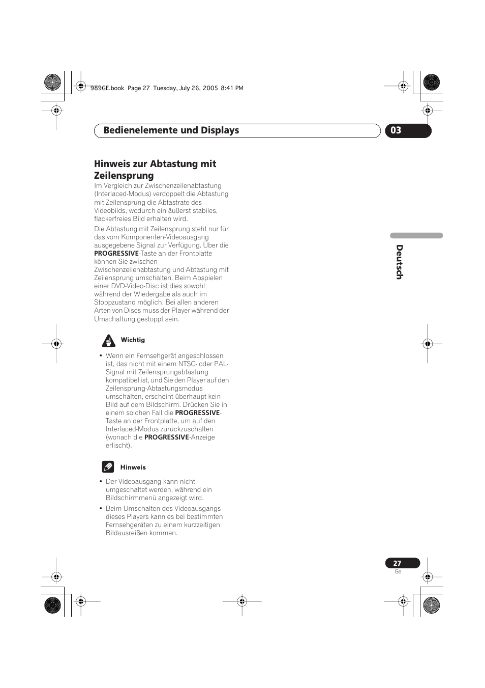Hinweis zur abtastung mit zeilensprung, Bedienelemente und displays 03 | Pioneer DV-989AVi-S User Manual | Page 127 / 204