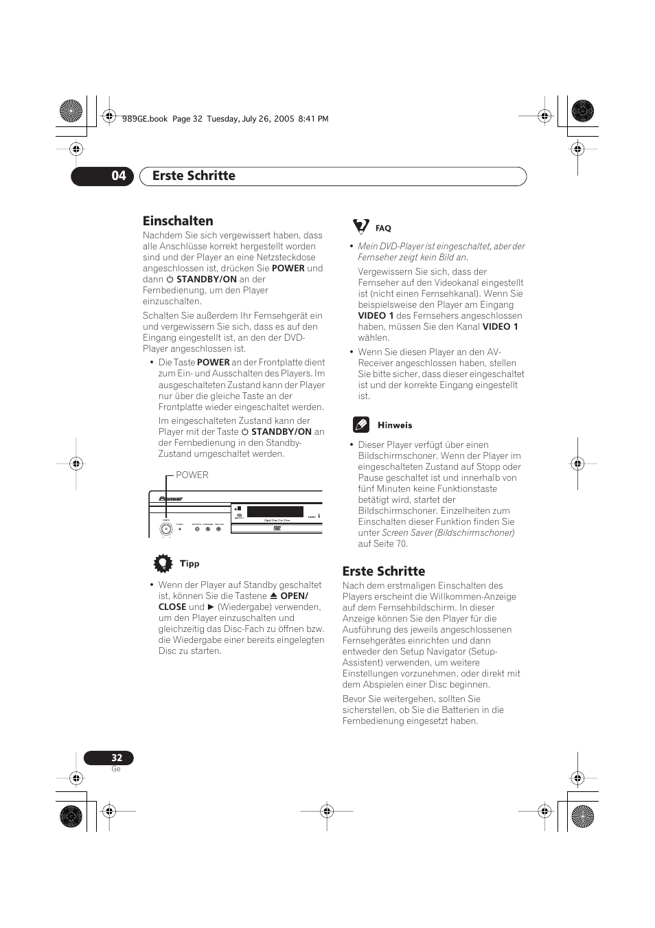 Einschalten, Erste schritte, Erste schritte 04 | Pioneer DV-989AVi-S User Manual | Page 132 / 204