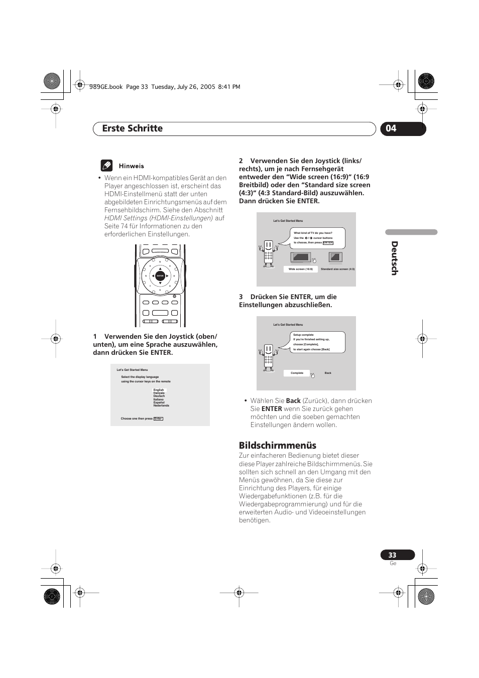 Bildschirmmenüs, Erste schritte 04, Deutsch | Hdmi settings (hdmi-einstellungen), Wählen sie, Back, Zurück), dann drücken sie, Enter | Pioneer DV-989AVi-S User Manual | Page 133 / 204