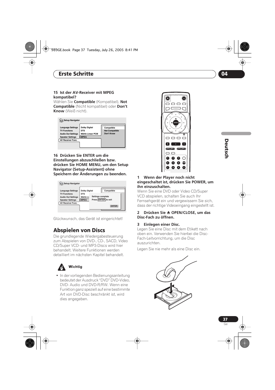 Abspielen von discs, Erste schritte 04, Deutsch | 15 ist der av-receiver mit mpeg kompatibel, Wählen sie, Compatible, Kompatibel), Not compatible, Nicht kompatibel) oder, Don’t know | Pioneer DV-989AVi-S User Manual | Page 137 / 204