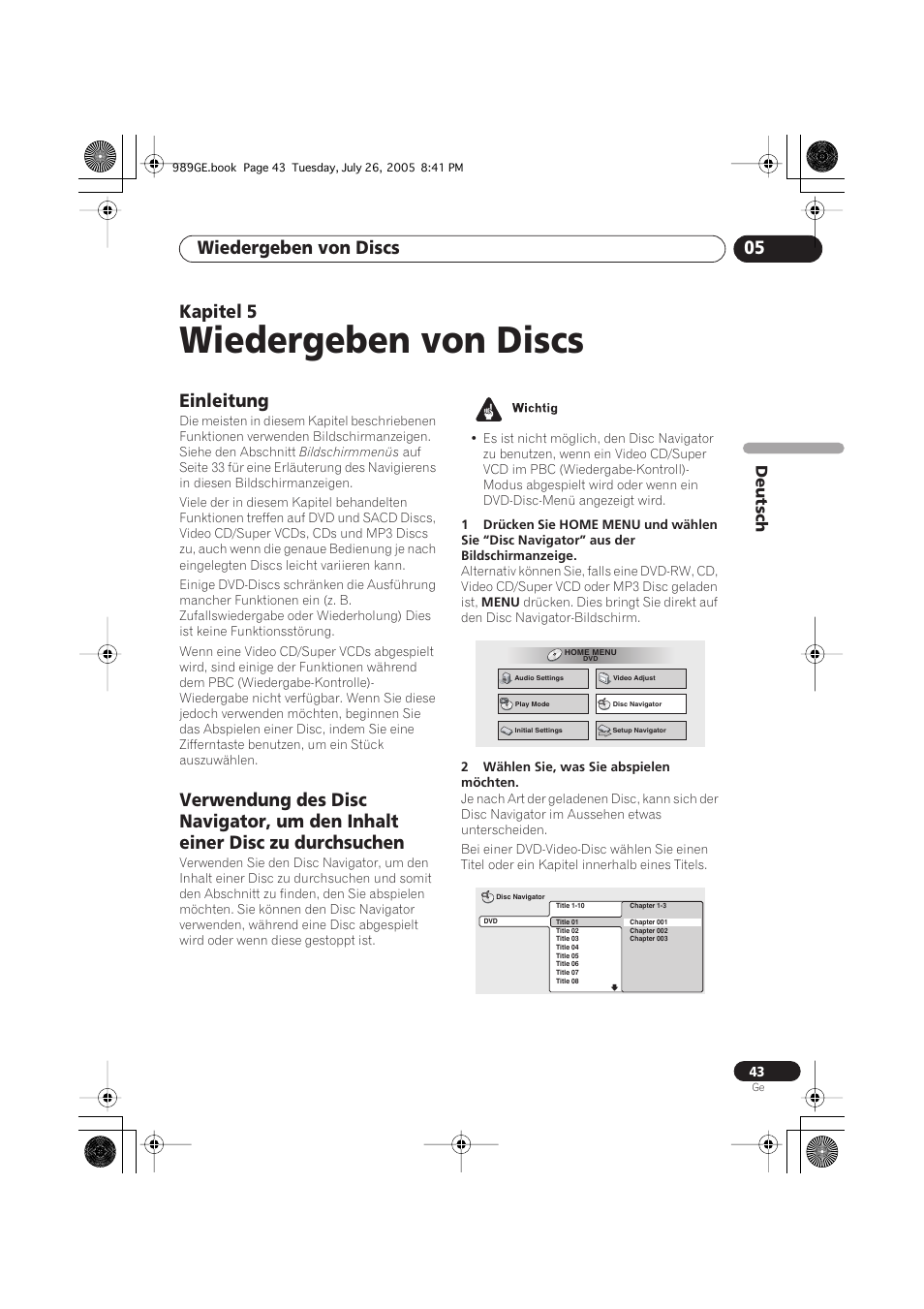 05 wiedergeben von discs, Einleitung, Wiedergeben von discs | Wiedergeben von discs 05, Kapitel 5 | Pioneer DV-989AVi-S User Manual | Page 143 / 204