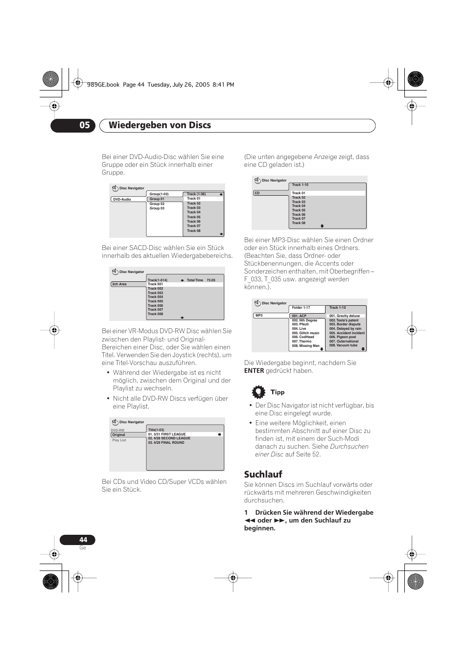 Suchlauf, Wiedergeben von discs 05 | Pioneer DV-989AVi-S User Manual | Page 144 / 204