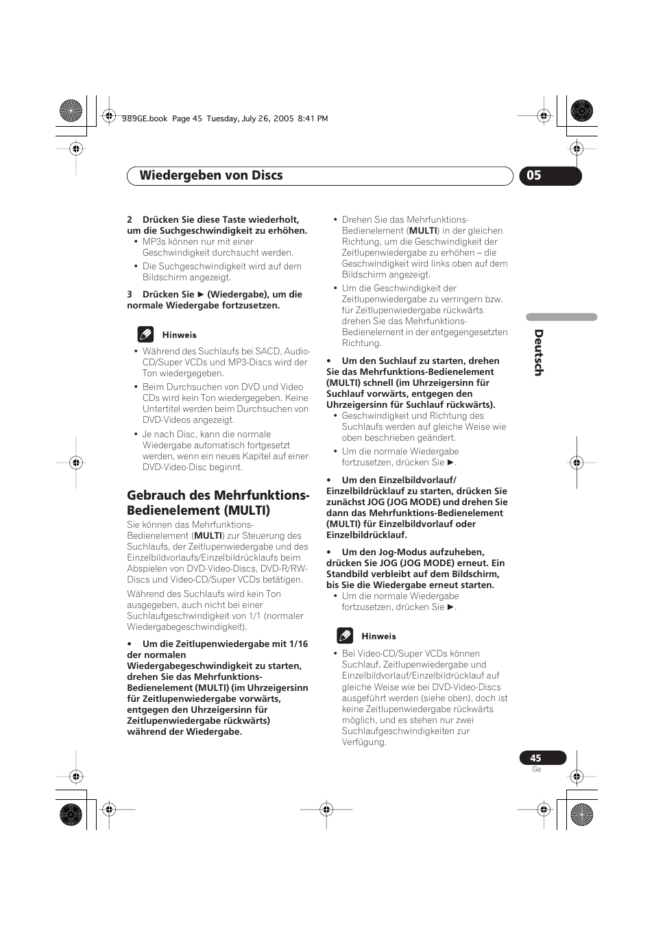 Gebrauch des mehrfunktions- bedienelement (multi), Wiedergeben von discs 05 | Pioneer DV-989AVi-S User Manual | Page 145 / 204