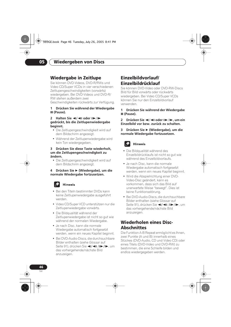 Wiedergabe in zeitlupe, Einzelbildvorlauf/einzelbildrücklauf, Wiederholen eines disc-abschnittes | Wiedergeben von discs 05, Einzelbildvorlauf/ einzelbildrücklauf, Wiederholen eines disc- abschnittes | Pioneer DV-989AVi-S User Manual | Page 146 / 204