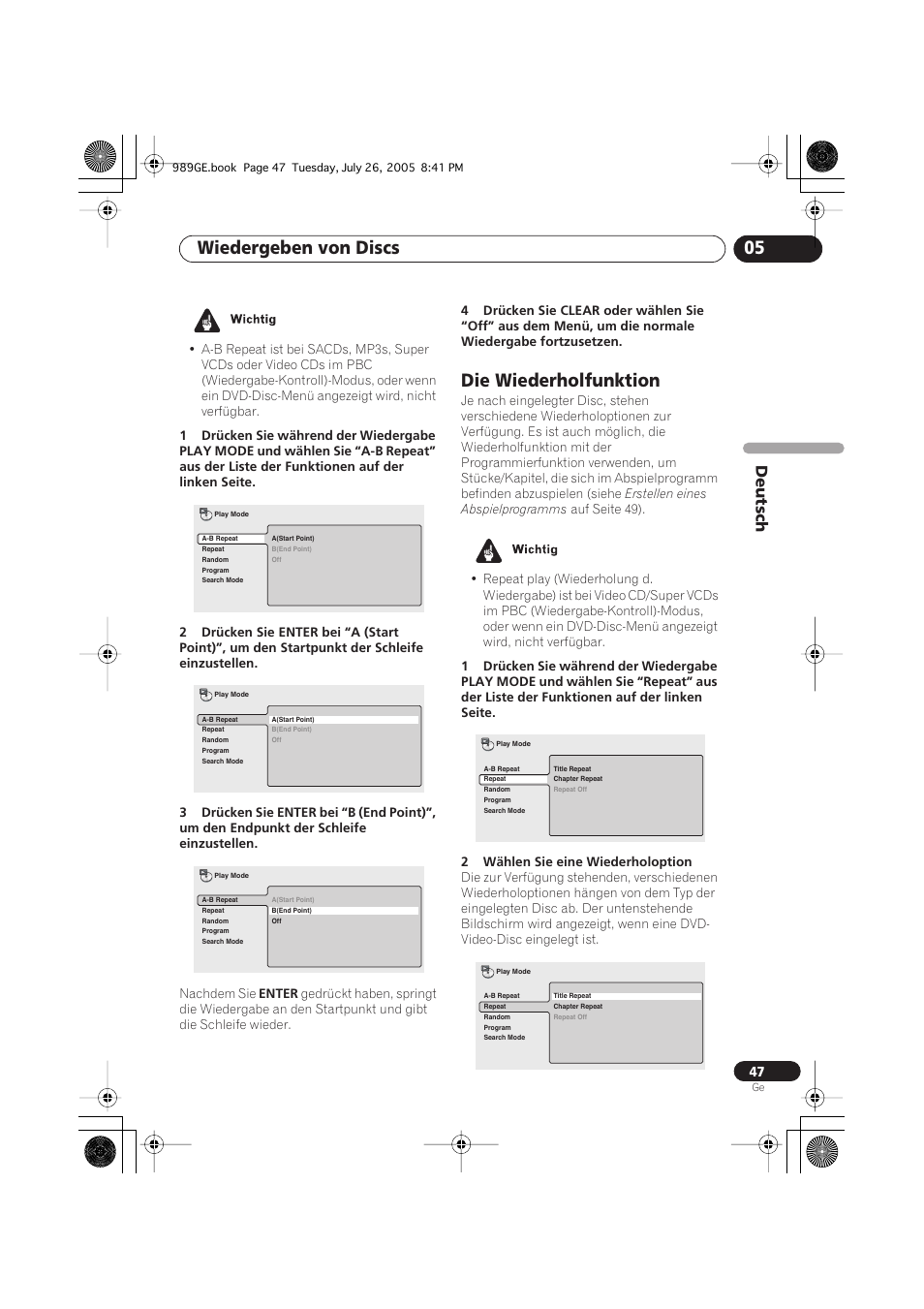 Die wiederholfunktion, Wiedergeben von discs 05, Deutsch | Pioneer DV-989AVi-S User Manual | Page 147 / 204