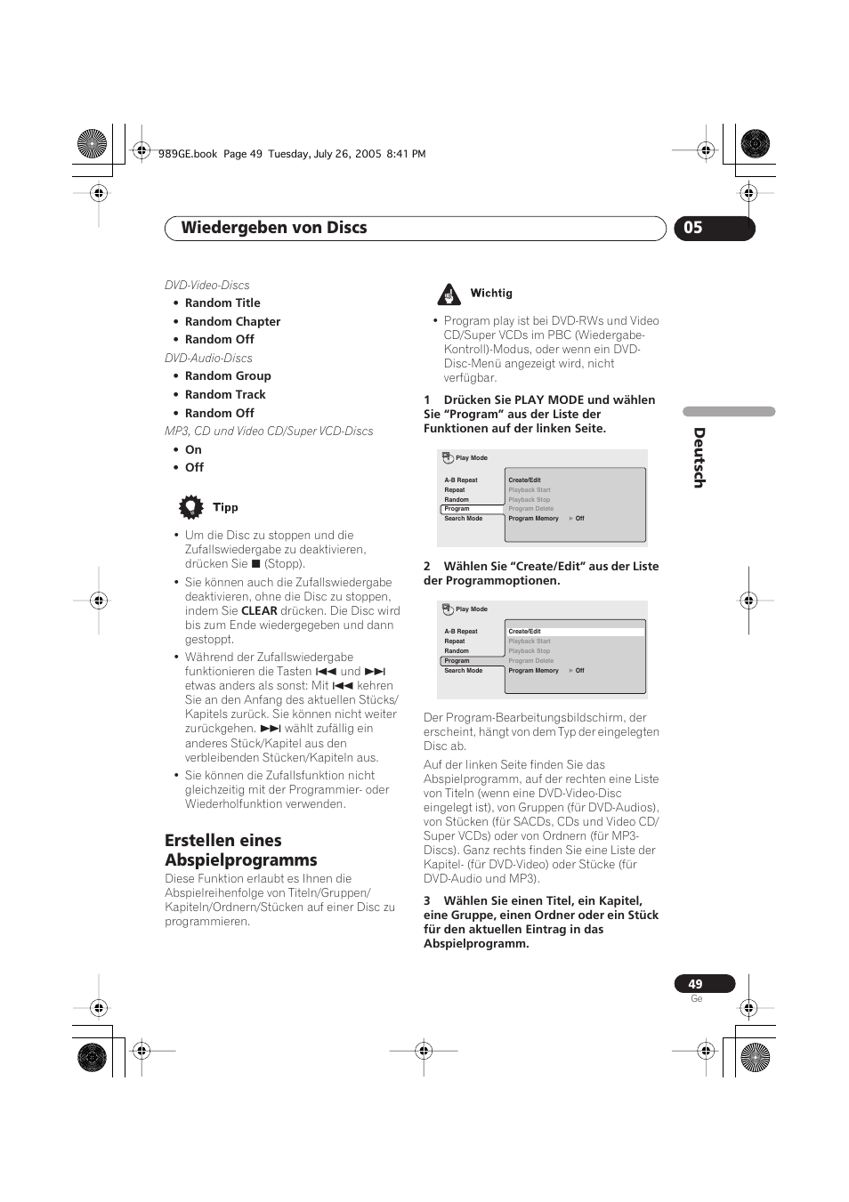 Erstellen eines abspielprogramms, Wiedergeben von discs 05, Deutsch | Pioneer DV-989AVi-S User Manual | Page 149 / 204