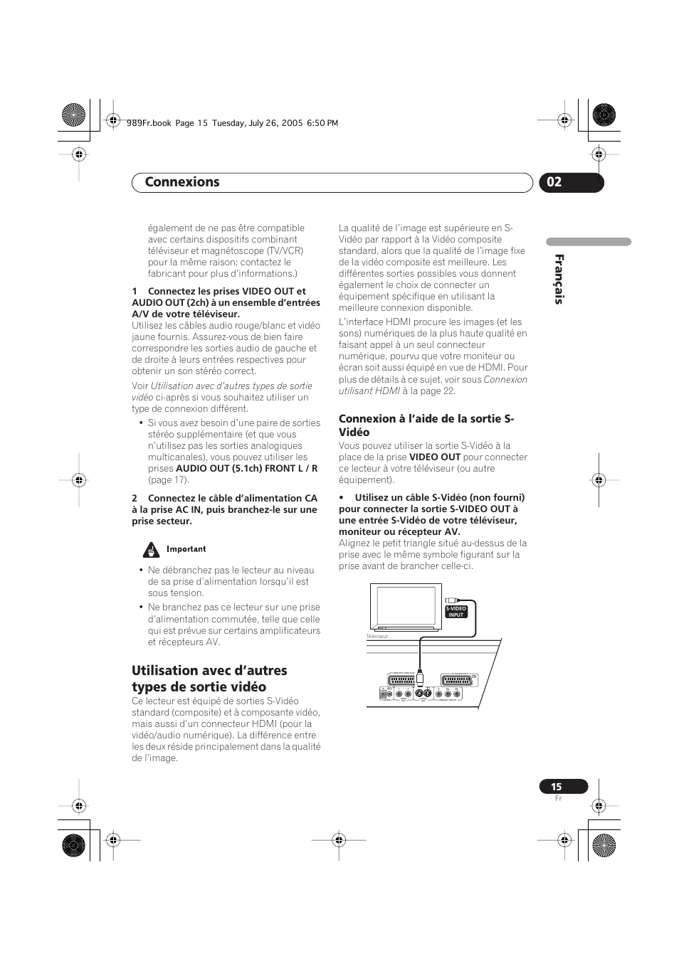 Utilisation avec d’autres types de sortie vidéo, Connexion à l’aide de la sortie s-vidéo, Connexions 02 | Français, Connexion à l’aide de la sortie s- vidéo | Pioneer DV-989AVi-S User Manual | Page 15 / 204