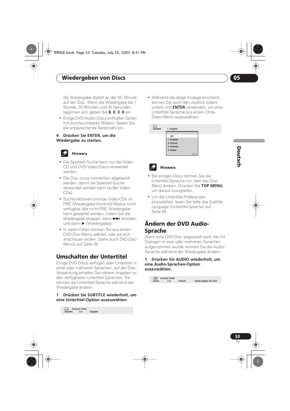 Umschalten der untertitel, Ändern der dvd audio-sprache, Wiedergeben von discs 05 | Ändern der dvd audio- sprache | Pioneer DV-989AVi-S User Manual | Page 153 / 204