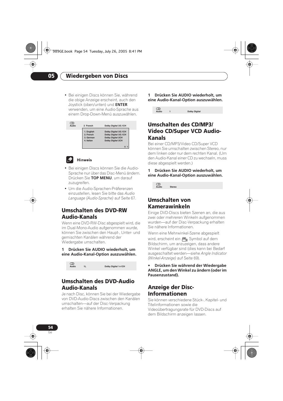 Umschalten des dvd-rw audio-kanals, Umschalten des dvd-audio audio-kanals, Umschalten von kamerawinkeln | Anzeige der disc-informationen, Wiedergeben von discs 05, Anzeige der disc- informationen | Pioneer DV-989AVi-S User Manual | Page 154 / 204