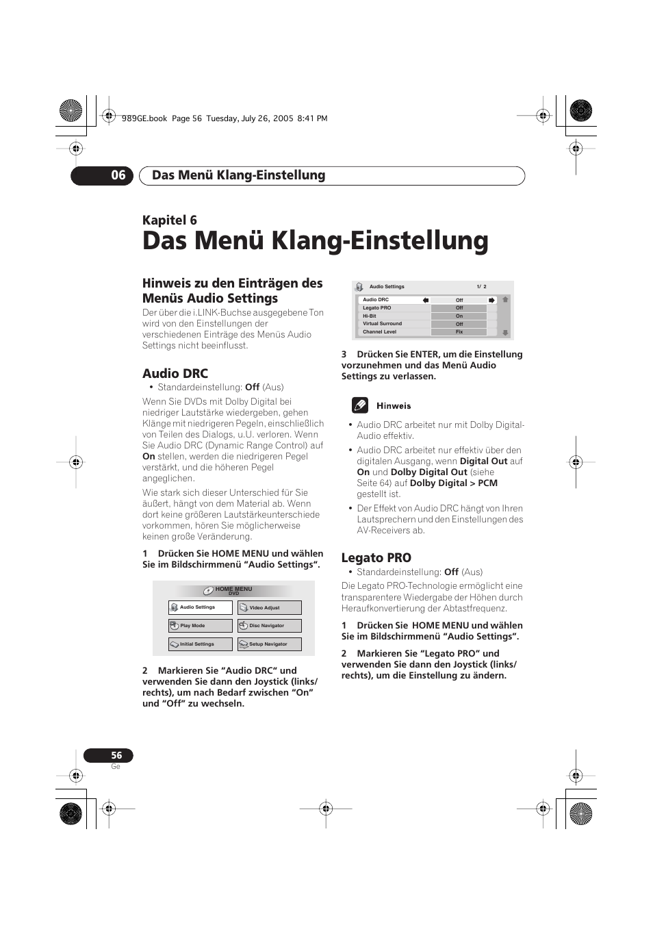 06 das menü klang-einstellung, Hinweis zu den einträgen des menüs audio settings, Audio drc | Legato pro, Das menü klang-einstellung, Das menü klang-einstellung 06, Kapitel 6 | Pioneer DV-989AVi-S User Manual | Page 156 / 204