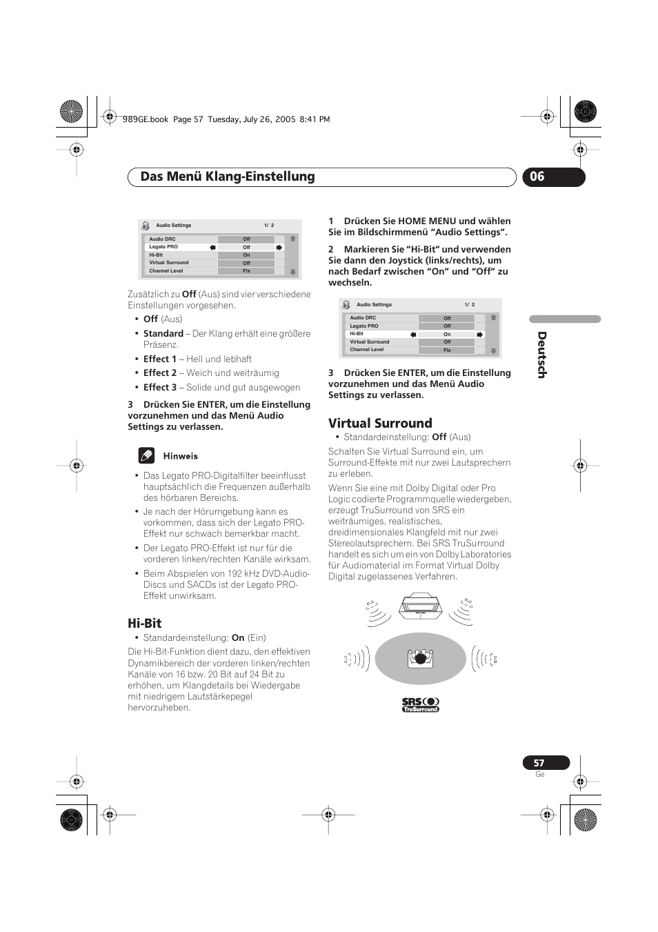 Hi-bit, Virtual surround, Das menü klang-einstellung 06 | Deutsch | Pioneer DV-989AVi-S User Manual | Page 157 / 204