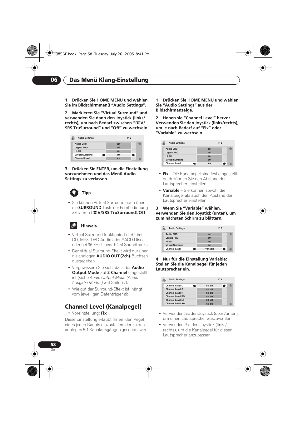 Channel level (kanalpegel), Das menü klang-einstellung 06 | Pioneer DV-989AVi-S User Manual | Page 158 / 204