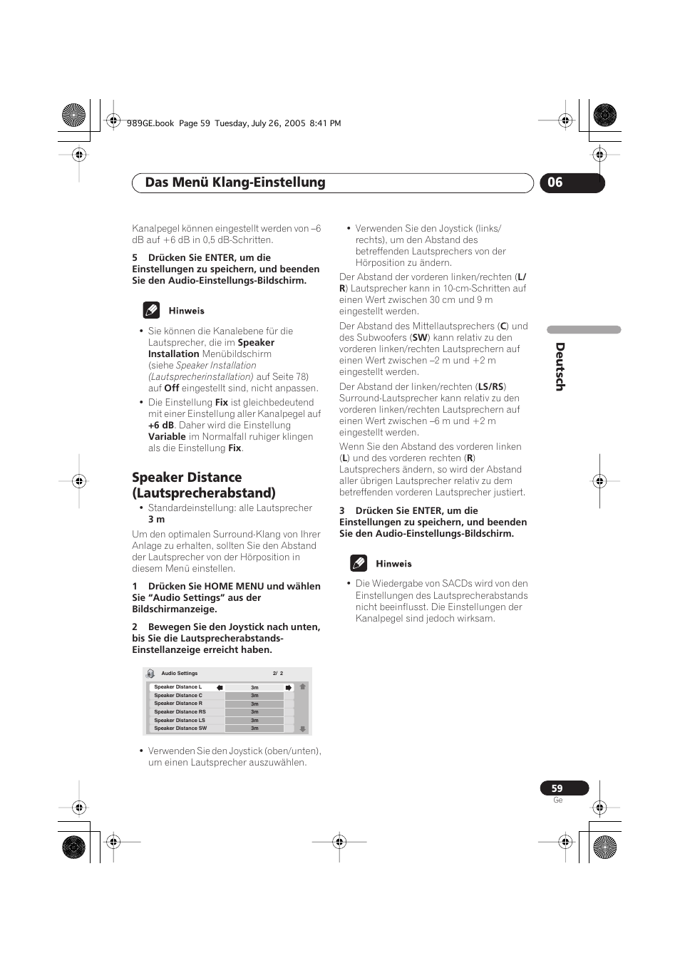 Speaker distance (lautsprecherabstand), Das menü klang-einstellung 06 | Pioneer DV-989AVi-S User Manual | Page 159 / 204