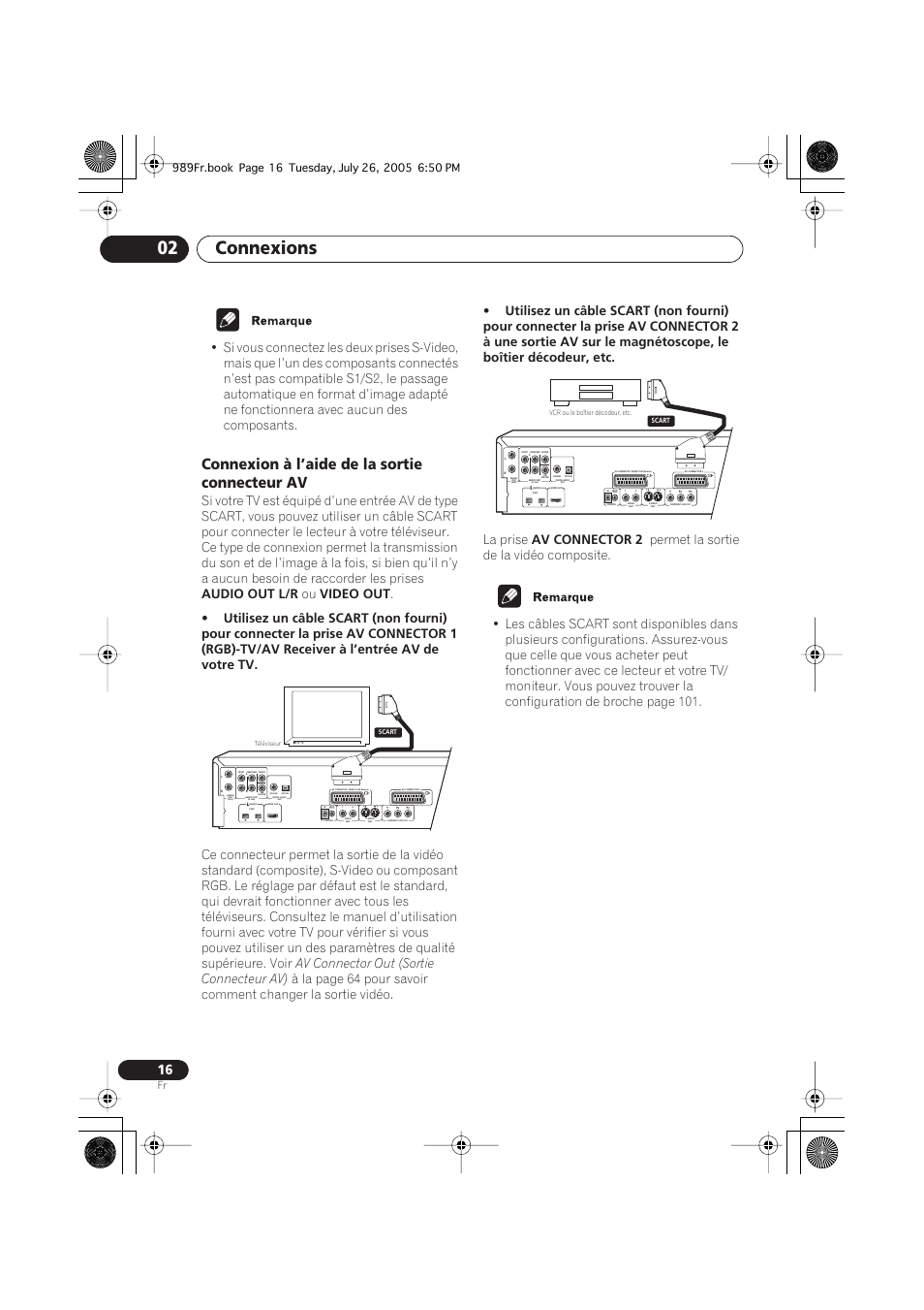 Connexion à l’aide de la sortie connecteur av, Connexions 02, Audio out l/r | Video out, Av connector out (sortie connecteur av), La prise, Av connector 2 | Pioneer DV-989AVi-S User Manual | Page 16 / 204