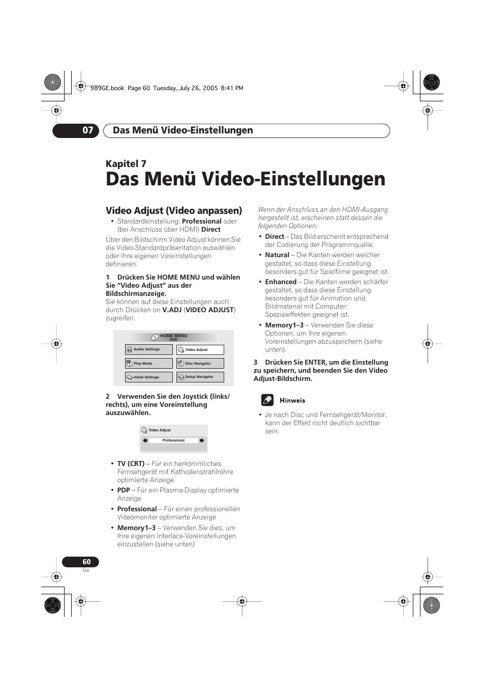 07 das menü video-einstellungen, Video adjust (video anpassen), Das menü video-einstellungen | Das menü video-einstellungen 07, Kapitel 7 | Pioneer DV-989AVi-S User Manual | Page 160 / 204