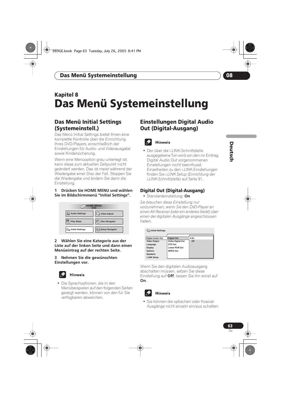 08 das menü systemeinstellung, Das menü initial settings (systemeinstell.), Einstellungen digital audio out (digital-ausgang) | Digital out (digital-ausgang), Das menü systemeinstellung, Das menü systemeinstellung 08, Kapitel 8 | Pioneer DV-989AVi-S User Manual | Page 163 / 204