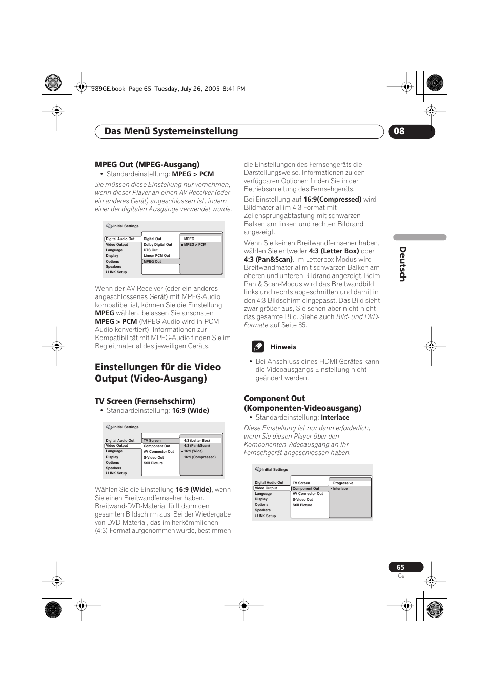 Mpeg out (mpeg-ausgang), Einstellungen für die video output (video-ausgang), Tv screen (fernsehschirm) | Component out (komponenten-videoausgang), Das menü systemeinstellung 08, Deutsch | Pioneer DV-989AVi-S User Manual | Page 165 / 204