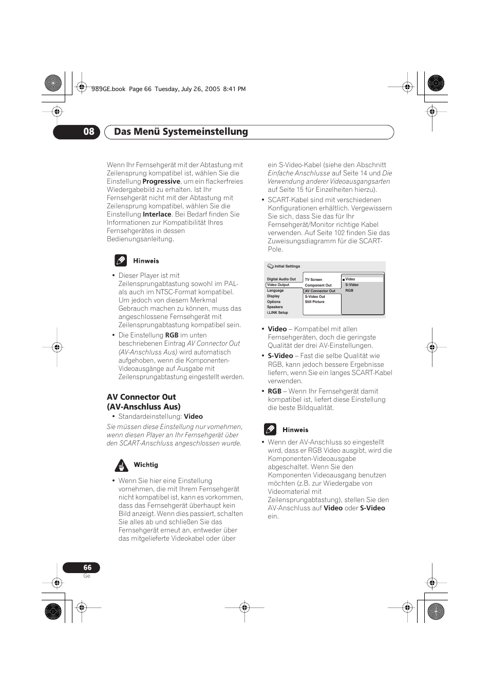 Av connector out (av-anschluss aus), Das menü systemeinstellung 08 | Pioneer DV-989AVi-S User Manual | Page 166 / 204
