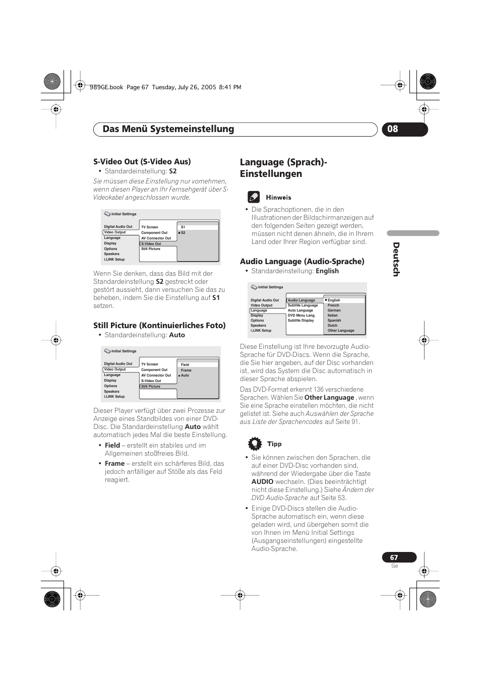 S-video out (s-video aus), Still picture (kontinuierliches foto), Language (sprach)-einstellungen | Audio language (audio-sprache), Das menü systemeinstellung 08, Language (sprach)- einstellungen, Deutsch | Pioneer DV-989AVi-S User Manual | Page 167 / 204