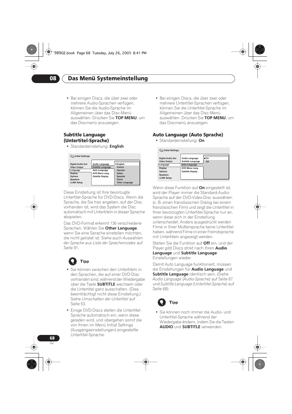 Subtitle language (untertitel-sprache), Auto language (auto sprache), Das menü systemeinstellung 08 | Pioneer DV-989AVi-S User Manual | Page 168 / 204