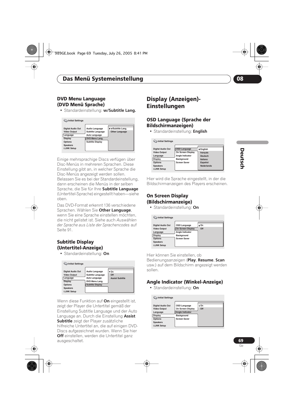 Dvd menu language, Dvd menü sprache), Subtitle display (untertitel-anzeige) | Display (anzeigen)-einstellungen, Osd language (sprache der bildschirmanzeigen), On screen display (bildschirmanzeige), Angle indicator (winkel-anzeige), Das menü systemeinstellung 08, Display (anzeigen)- einstellungen, Deutsch | Pioneer DV-989AVi-S User Manual | Page 169 / 204