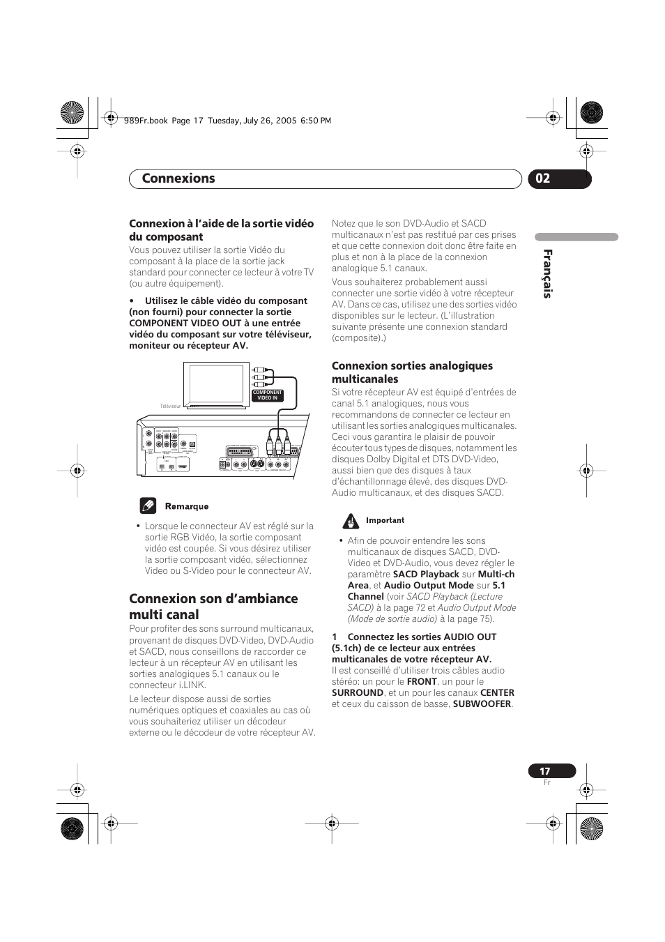 Connexion à l’aide de la sortie vidéo du composant, Connexion son d’ambiance multi canal, Connexion sorties analogiques multicanales | Connexions 02, Français | Pioneer DV-989AVi-S User Manual | Page 17 / 204