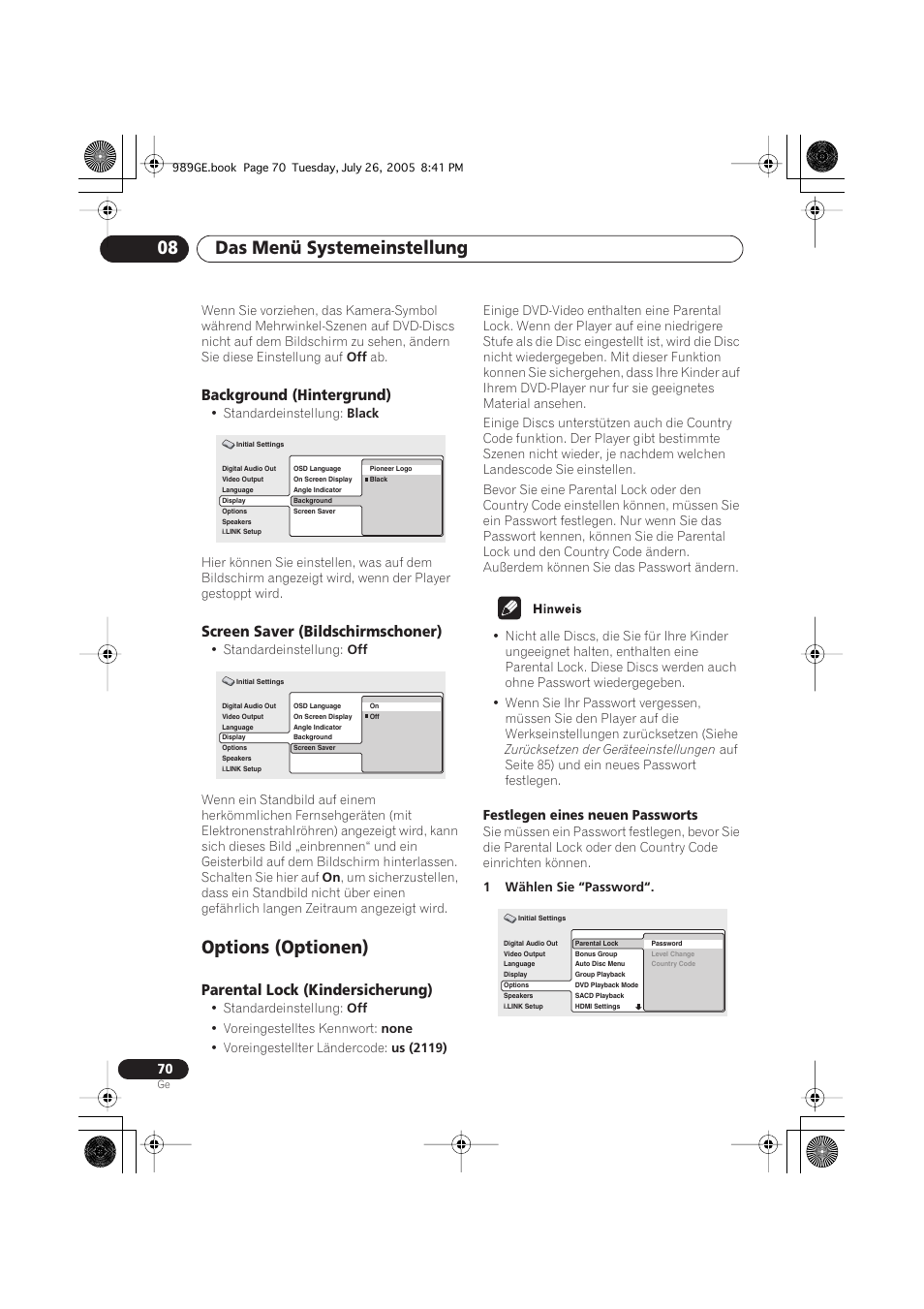 Background (hintergrund), Screen saver (bildschirmschoner), Options (optionen) | Parental lock (kindersicherung), Das menü systemeinstellung 08 | Pioneer DV-989AVi-S User Manual | Page 170 / 204