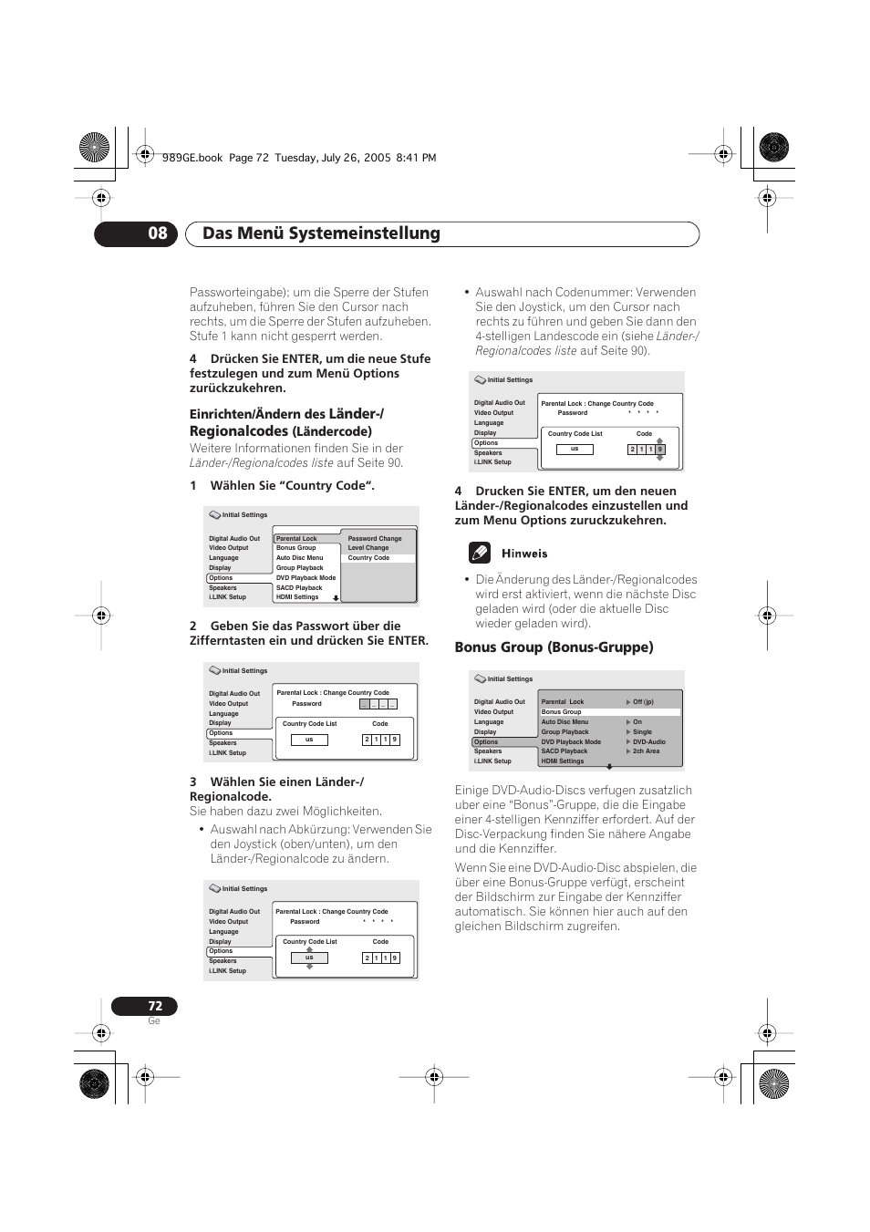 Bonus group (bonus-gruppe), Das menü systemeinstellung 08, Länder-/ regionalcodes | Einrichten/ändern des, Ländercode) | Pioneer DV-989AVi-S User Manual | Page 172 / 204