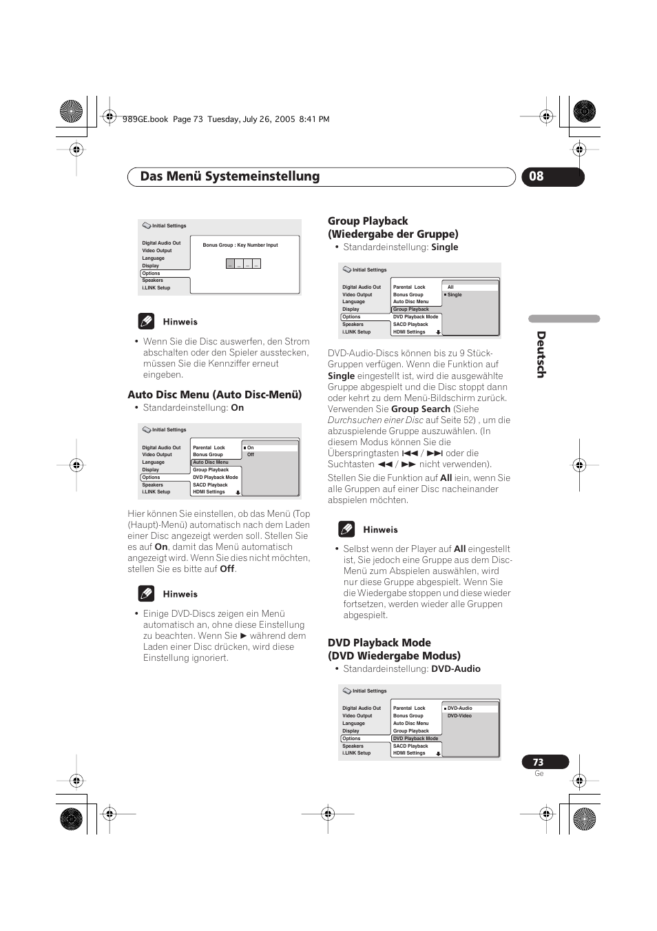 Auto disc menu (auto disc-menü), Group playback (wiedergabe der gruppe), Dvd playback mode (dvd wiedergabe modus) | Das menü systemeinstellung 08, Deutsch | Pioneer DV-989AVi-S User Manual | Page 173 / 204