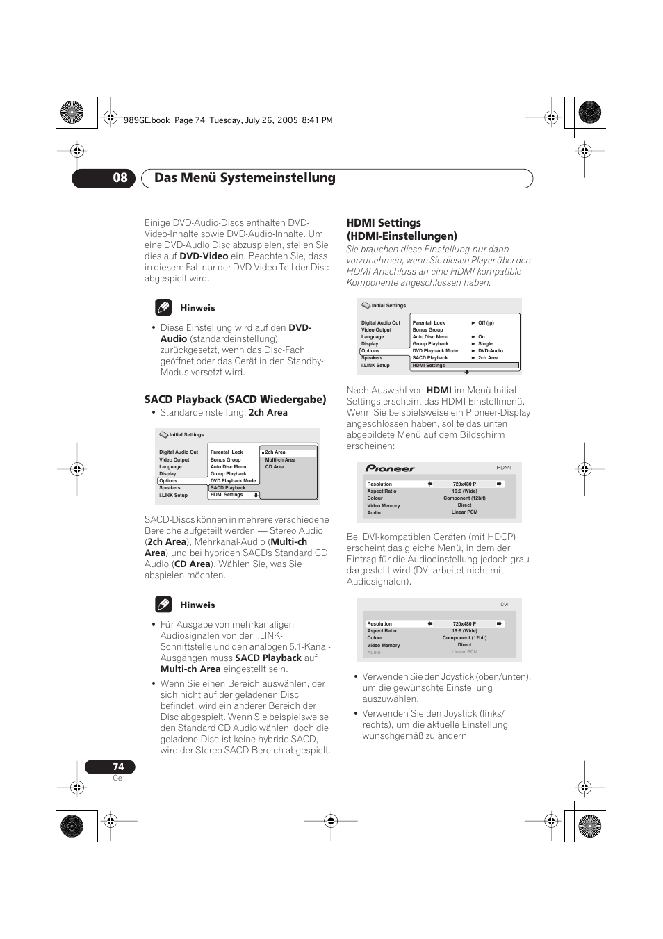 Sacd playback (sacd wiedergabe), Hdmi settings (hdmi-einstellungen), Das menü systemeinstellung 08 | Pioneer DV-989AVi-S User Manual | Page 174 / 204