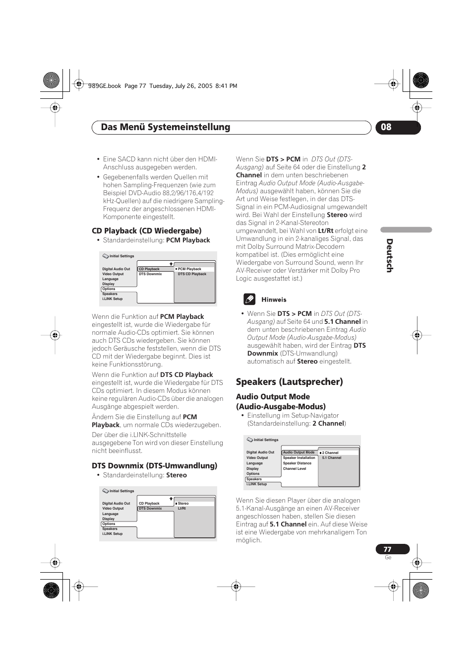 Cd playback (cd wiedergabe), Dts downmix (dts-umwandlung), Speakers (lautsprecher) | Audio output mode (audio-ausgabe-modus), Das menü systemeinstellung 08 | Pioneer DV-989AVi-S User Manual | Page 177 / 204