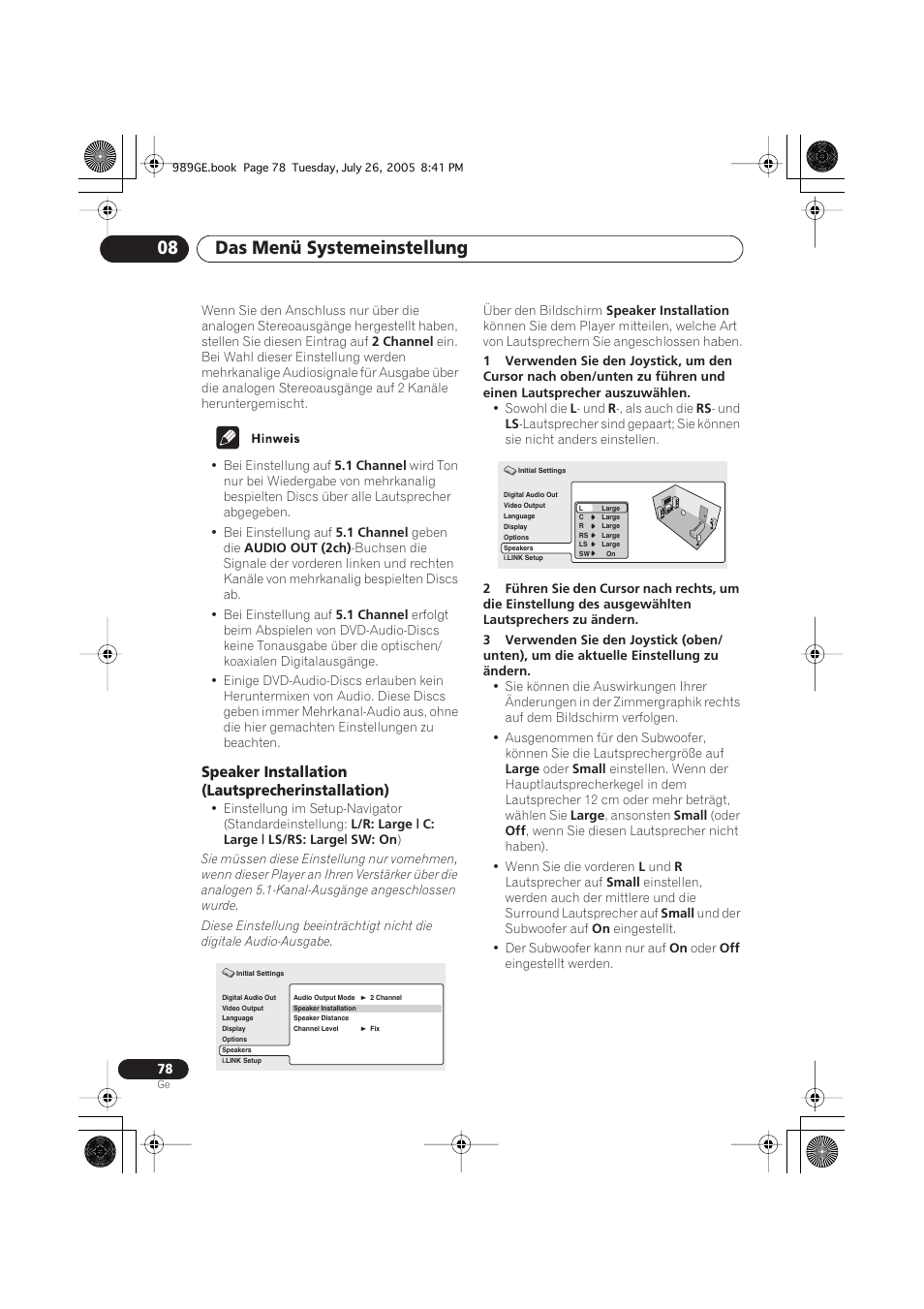 Speaker installation (lautsprecherinstallation), Das menü systemeinstellung 08 | Pioneer DV-989AVi-S User Manual | Page 178 / 204