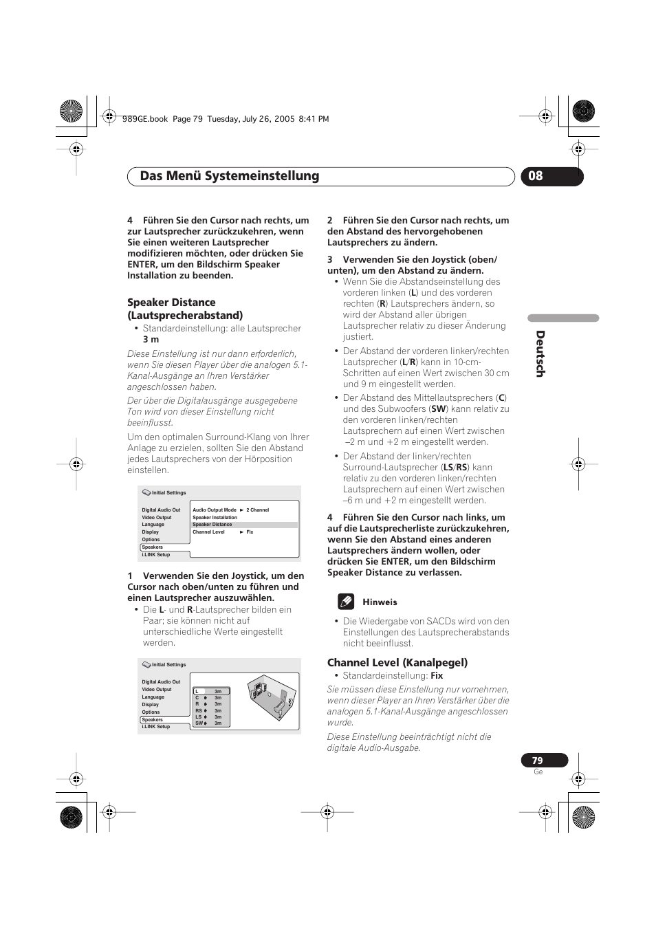 Speaker distance (lautsprecherabstand), Channel level (kanalpegel), Das menü systemeinstellung 08 | Deutsch | Pioneer DV-989AVi-S User Manual | Page 179 / 204