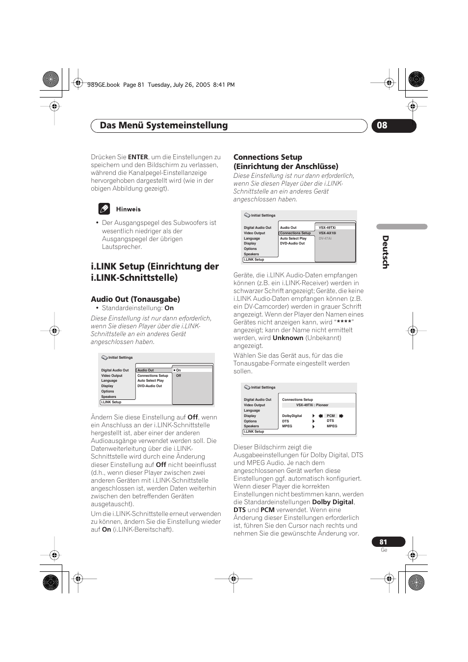 Audio out (tonausgabe), Connections setup (einrichtung der anschlüsse), Das menü systemeinstellung 08 | Deutsch | Pioneer DV-989AVi-S User Manual | Page 181 / 204