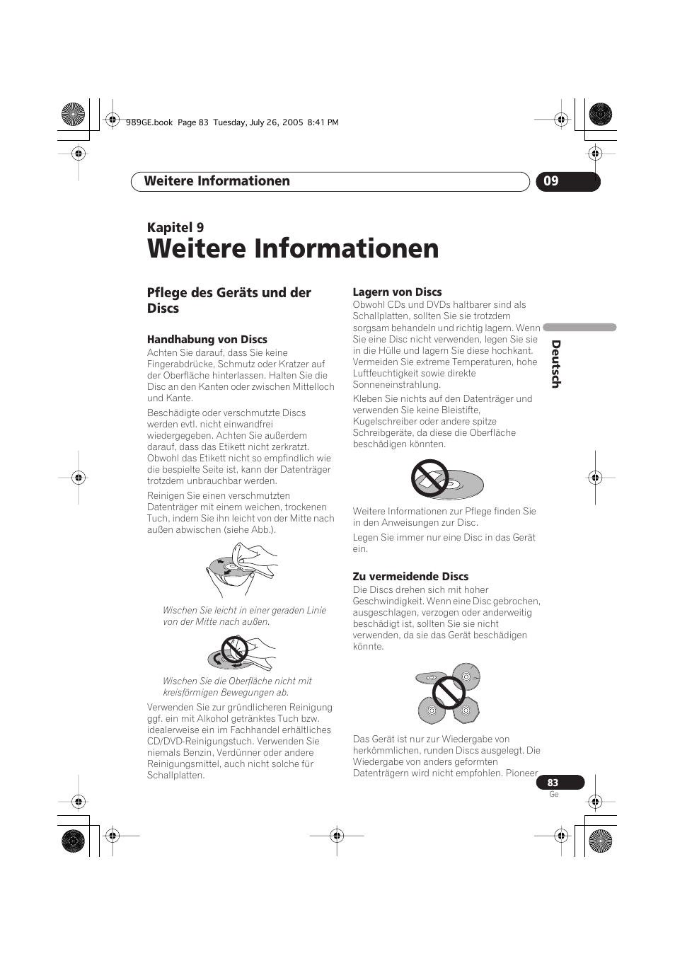 09 weitere informationen, Pflege des geräts und der discs, Handhabung von discs | Lagern von discs, Zu vermeidende discs, Weitere informationen | Pioneer DV-989AVi-S User Manual | Page 183 / 204