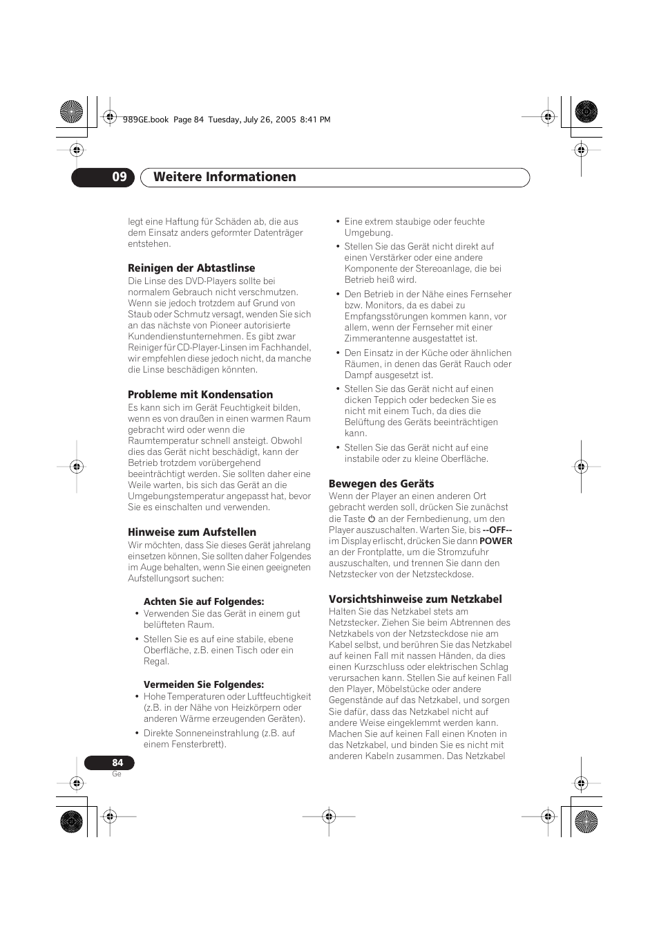 Reinigen der abtastlinse, Probleme mit kondensation, Hinweise zum aufstellen | Bewegen des geräts, Vorsichtshinweise zum netzkabel, Weitere informationen 09 | Pioneer DV-989AVi-S User Manual | Page 184 / 204