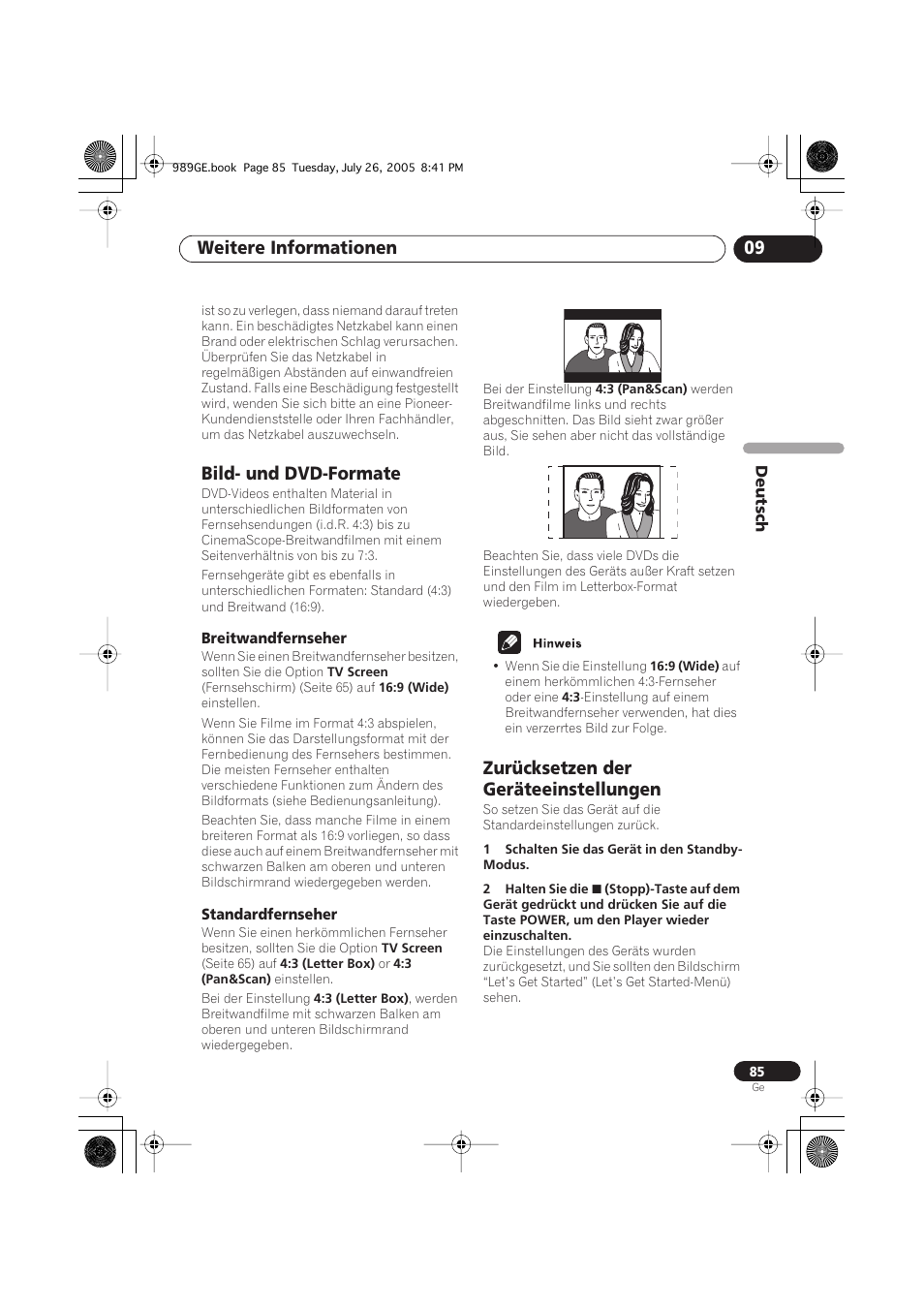 Bild- und dvd-formate, Breitwandfernseher, Standardfernseher | Zurücksetzen der geräteeinstellungen, Weitere informationen 09 | Pioneer DV-989AVi-S User Manual | Page 185 / 204