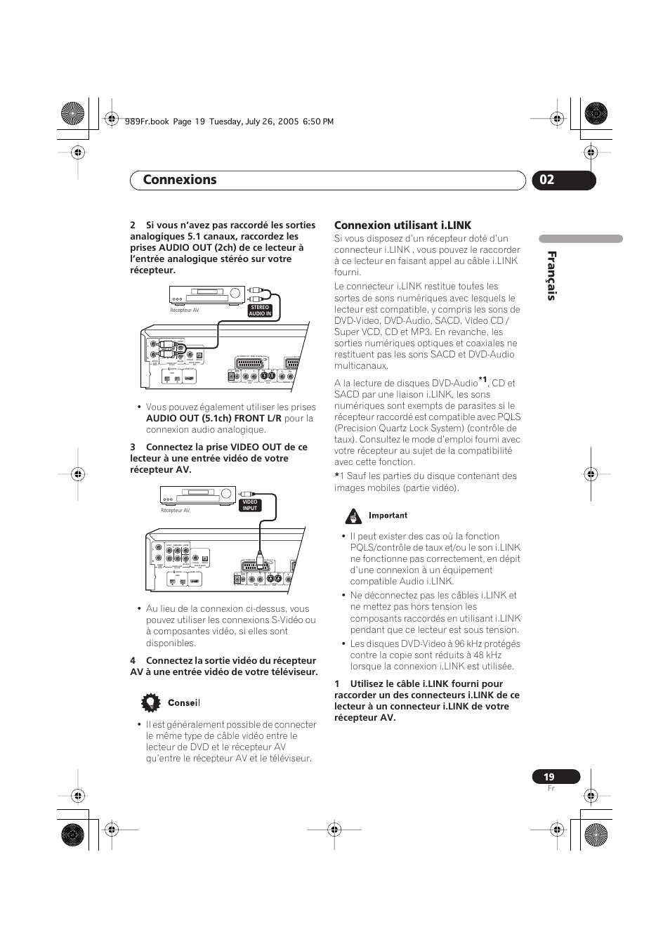 Connexion utilisant i.link, Connexions 02, Français | Vous pouvez également utiliser les prises, Audio out (5.1ch) front l/r, Pour la connexion audio analogique | Pioneer DV-989AVi-S User Manual | Page 19 / 204