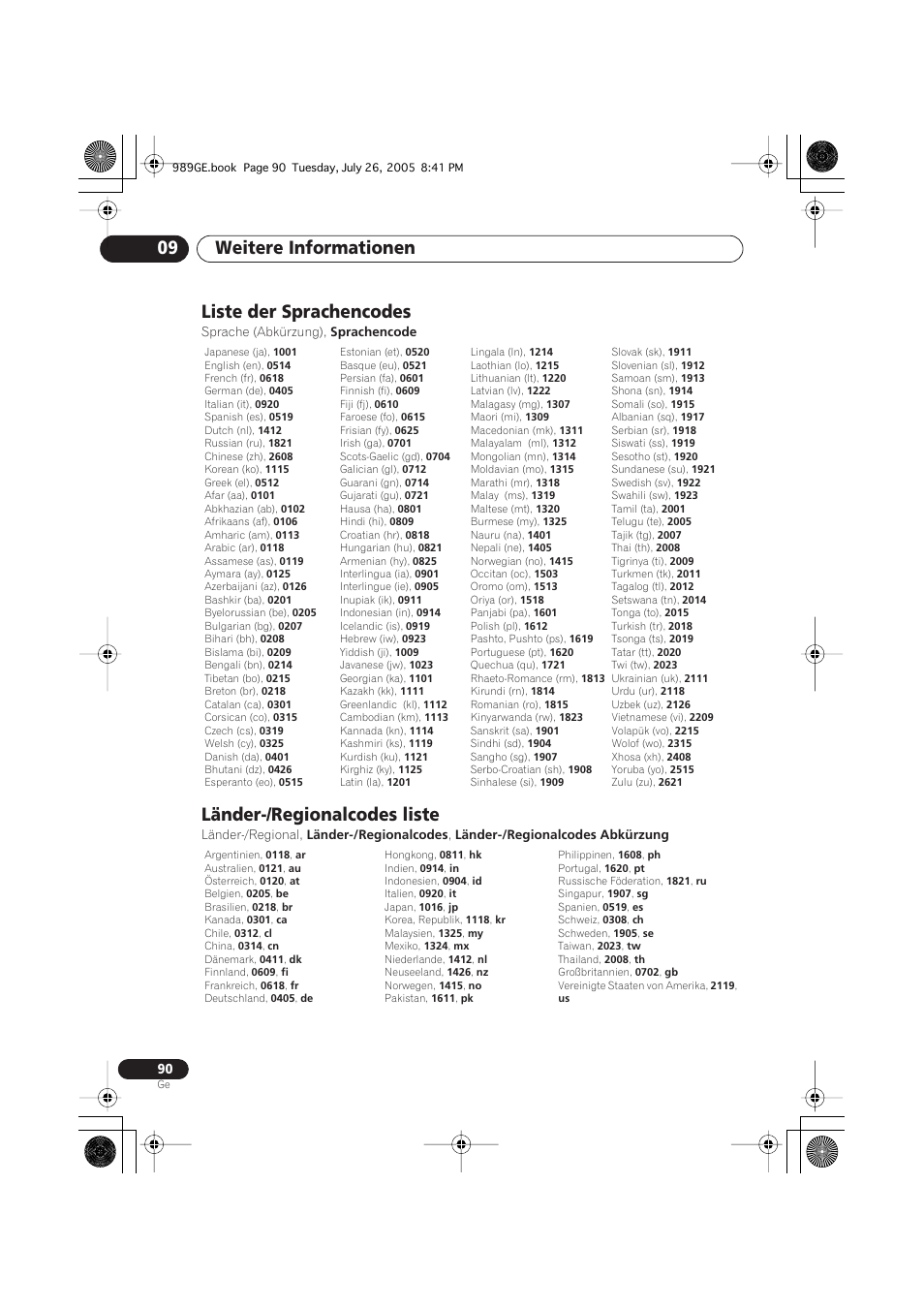 Liste der sprachencodes, Länder-/regionalcodes liste, Weitere informationen 09 | Pioneer DV-989AVi-S User Manual | Page 190 / 204