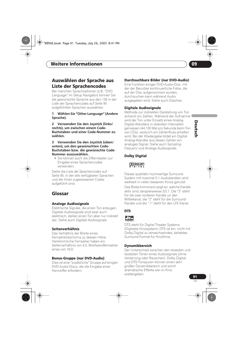 Auswählen der sprache aus liste der sprachencodes, Glossar, Weitere informationen 09 | Pioneer DV-989AVi-S User Manual | Page 191 / 204