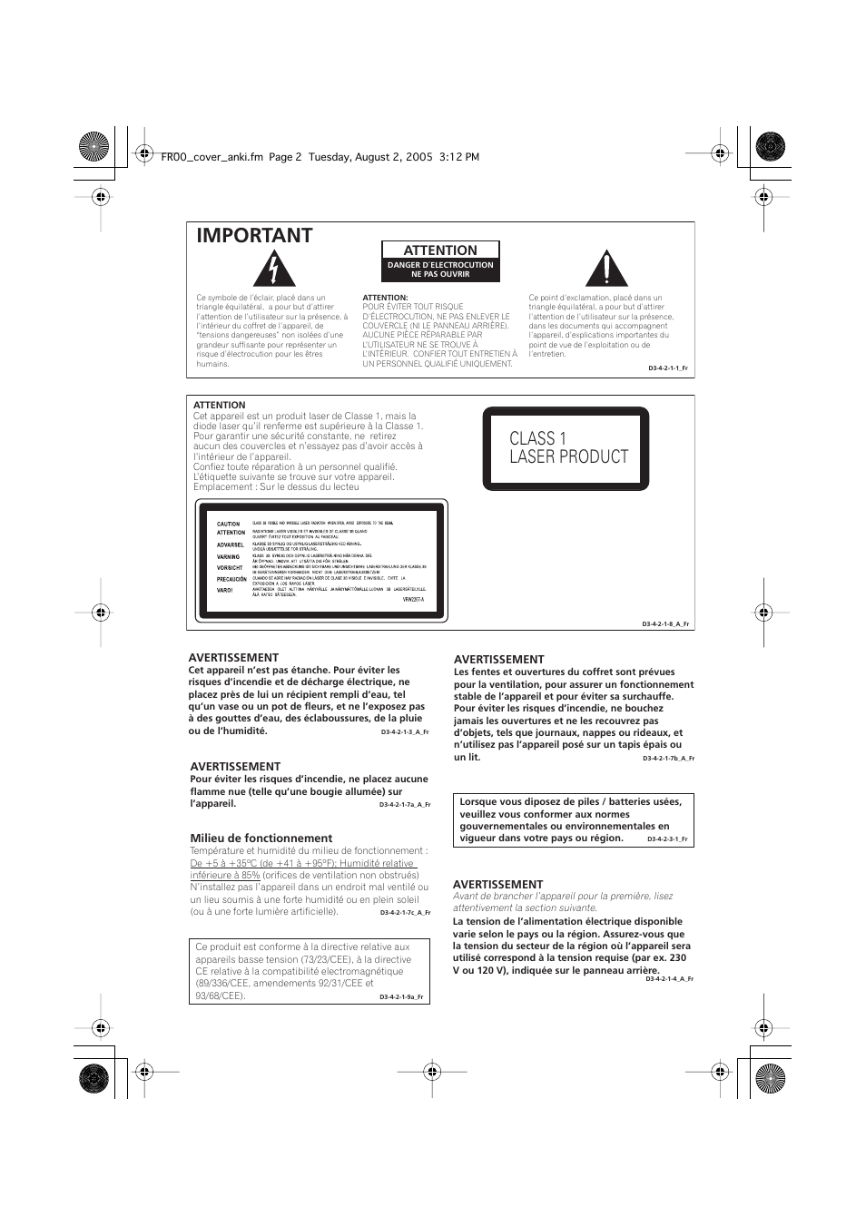 Important, Class 1 laser product, Attention | Pioneer DV-989AVi-S User Manual | Page 2 / 204