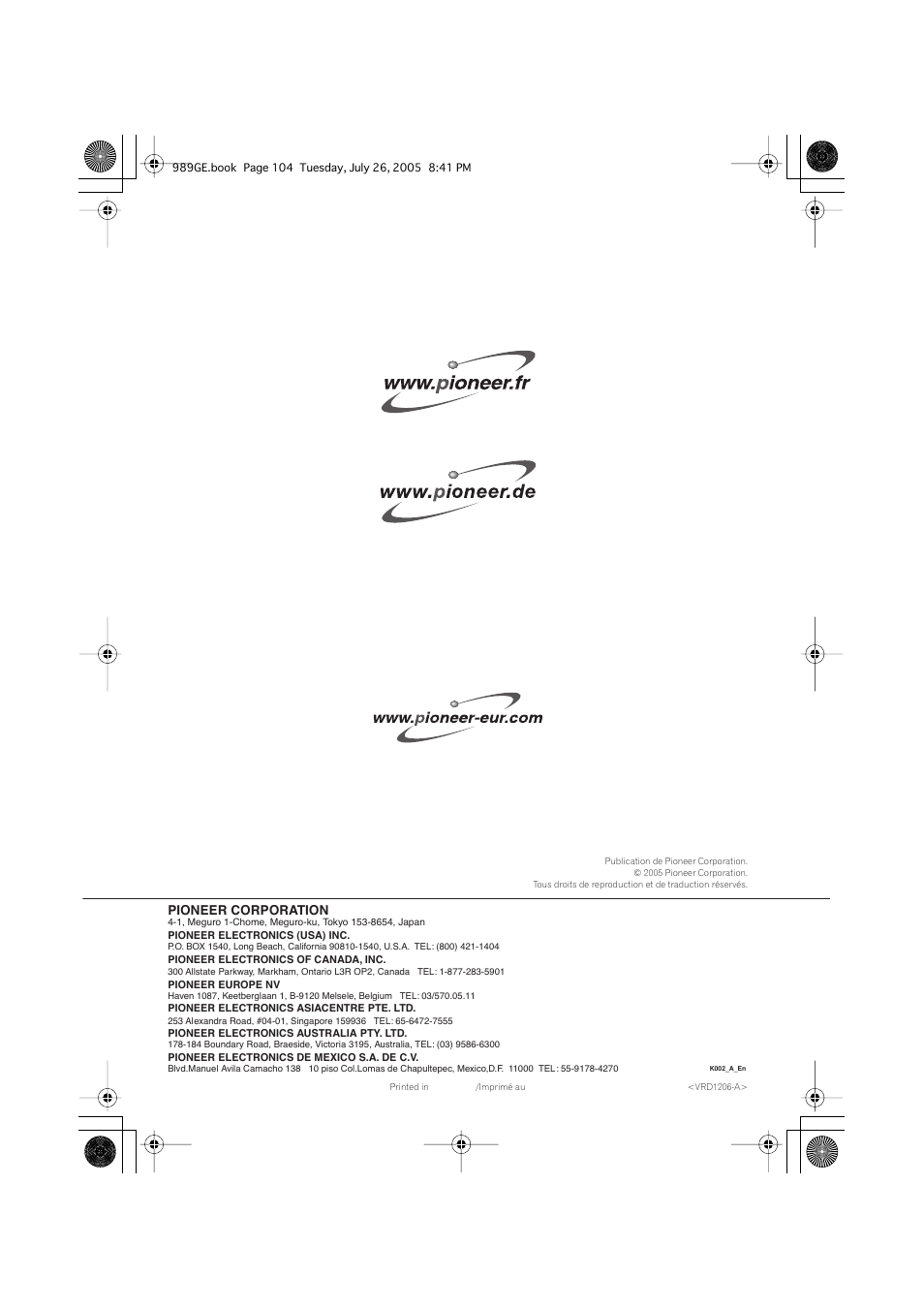 Pioneer corporation | Pioneer DV-989AVi-S User Manual | Page 204 / 204