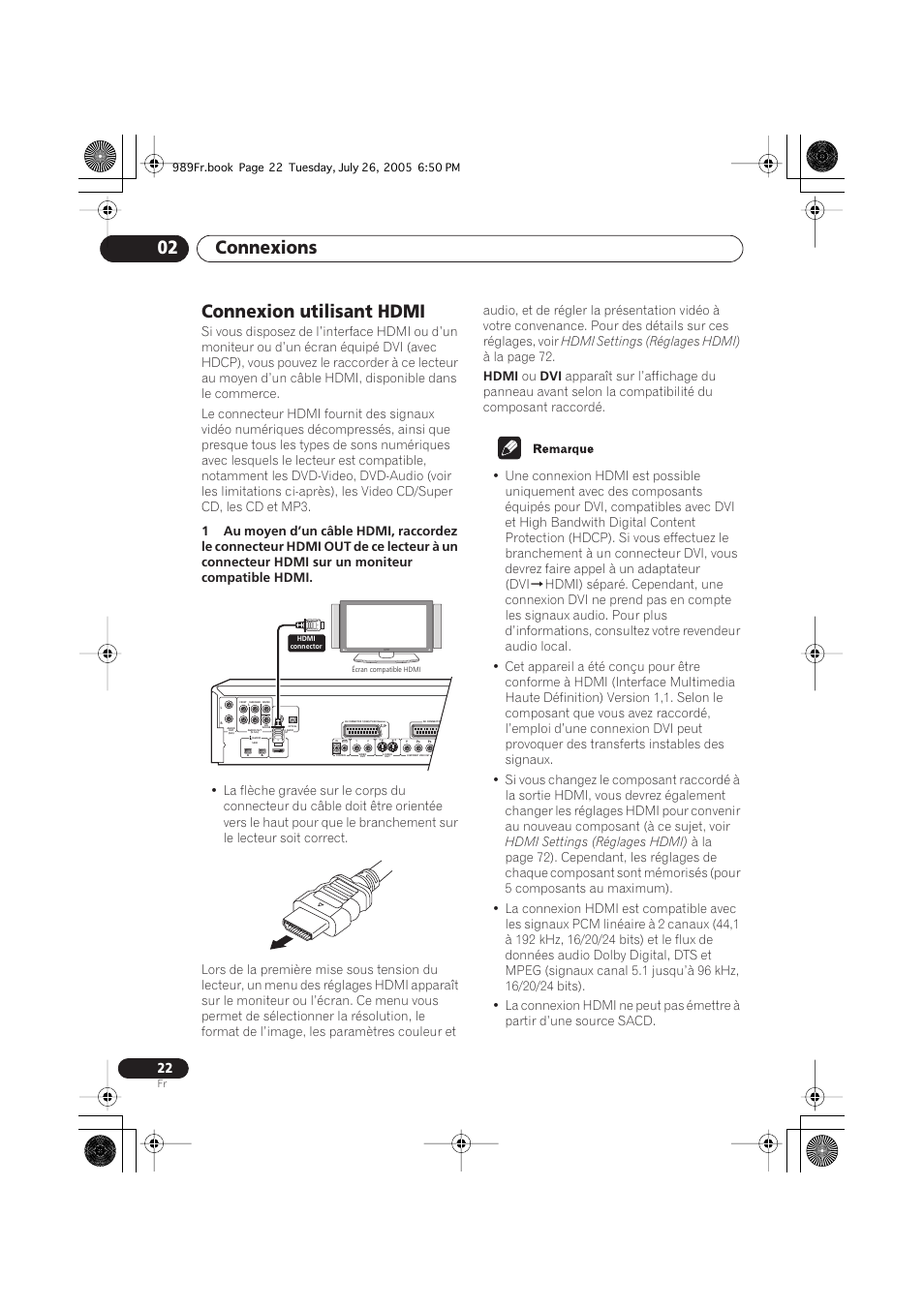 Connexion utilisant hdmi, Connexions 02, Hdmi settings (réglages hdmi) | À la page 72, Hdmi | Pioneer DV-989AVi-S User Manual | Page 22 / 204