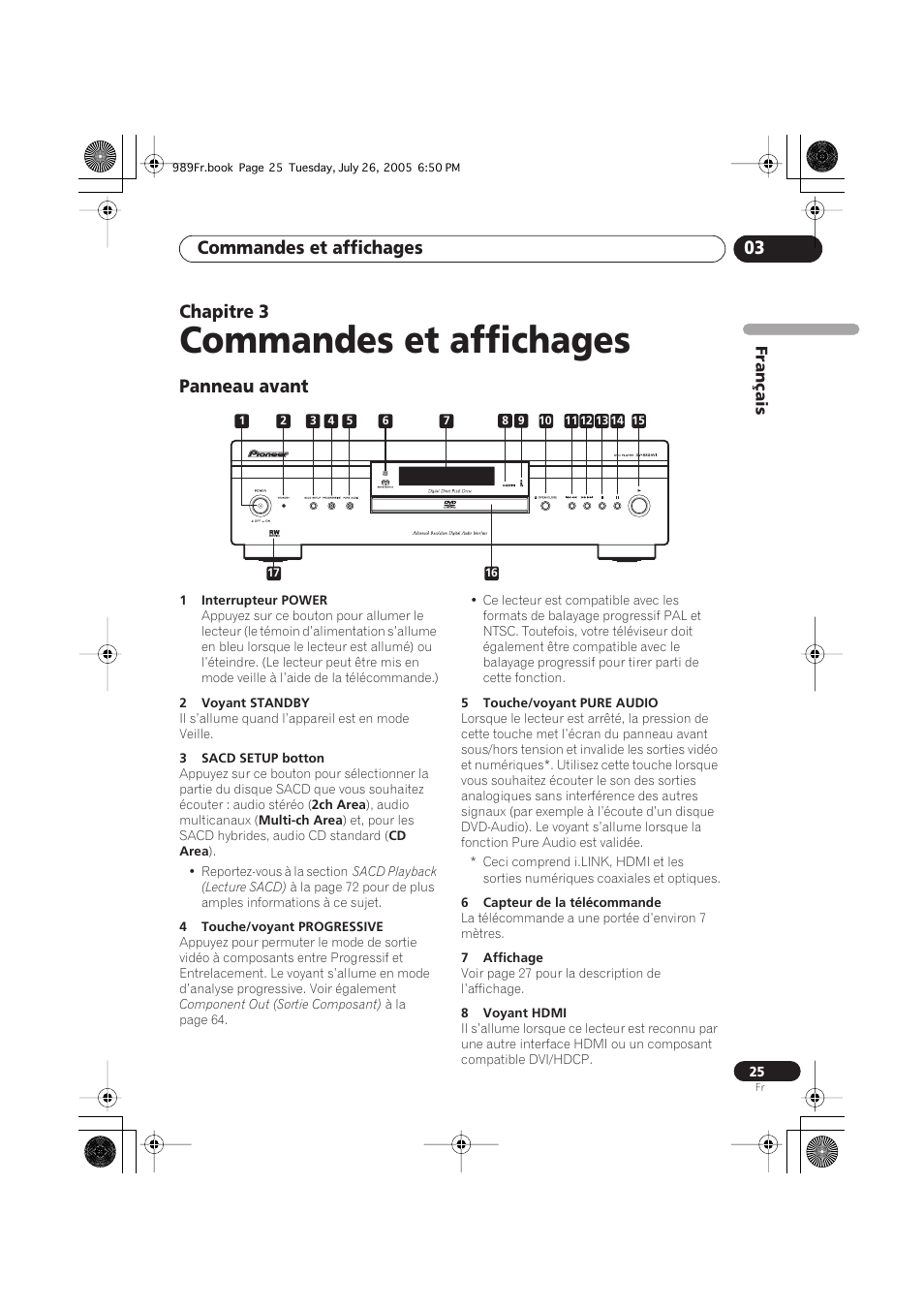 03 commandes et affichages, Panneau avant, Commandes et affichages | Commandes et affichages 03, Chapitre 3 | Pioneer DV-989AVi-S User Manual | Page 25 / 204