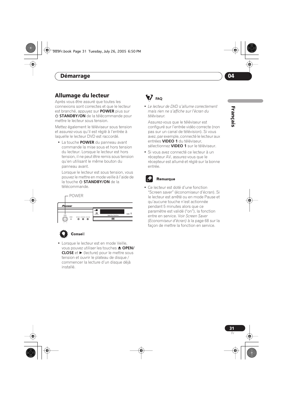 Allumage du lecteur, Démarrage 04 | Pioneer DV-989AVi-S User Manual | Page 31 / 204
