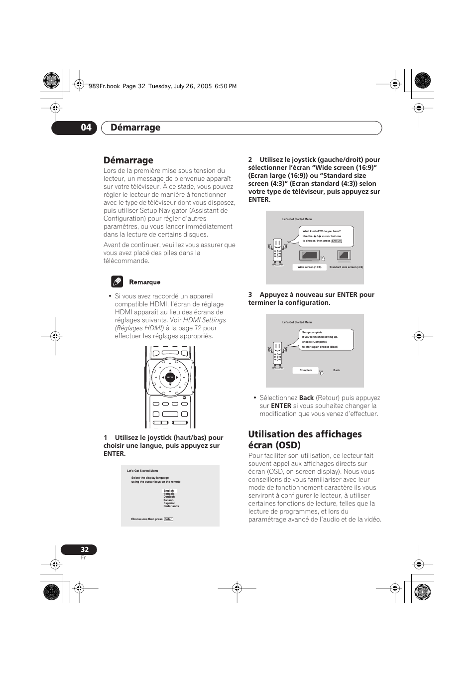 Démarrage, Utilisation des affichages écran (osd), Démarrage 04 | Hdmi settings (réglages hdmi), Sélectionnez, Back, Retour) puis appuyez sur, Enter | Pioneer DV-989AVi-S User Manual | Page 32 / 204