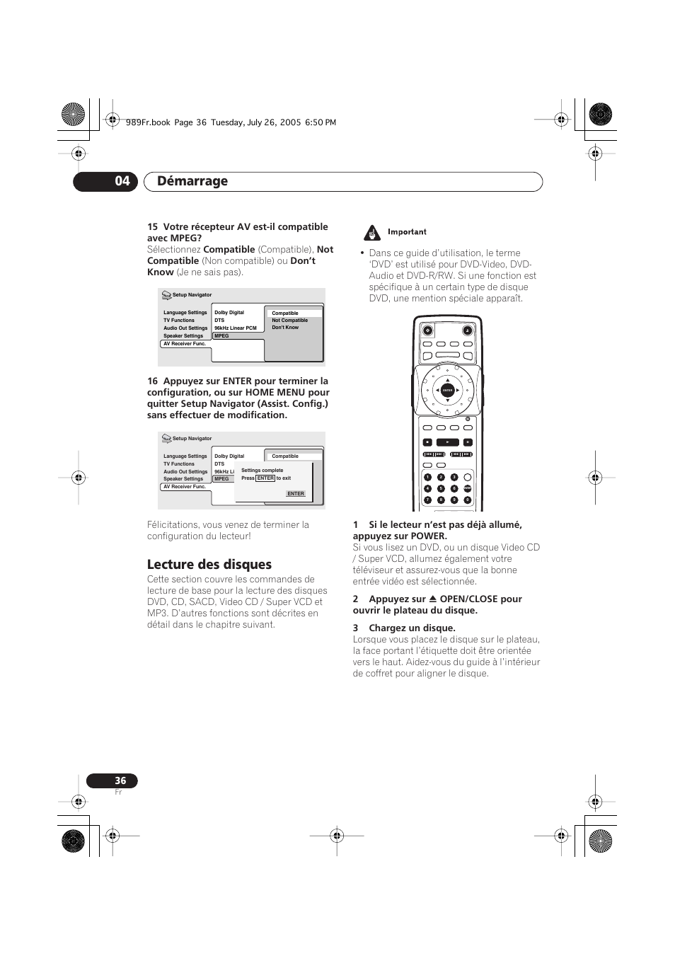 Lecture des disques, Démarrage 04, 15 votre récepteur av est-il compatible avec mpeg | Sélectionnez, Compatible, Compatible), Not compatible, Non compatible) ou, Don’t know, Je ne sais pas) | Pioneer DV-989AVi-S User Manual | Page 36 / 204