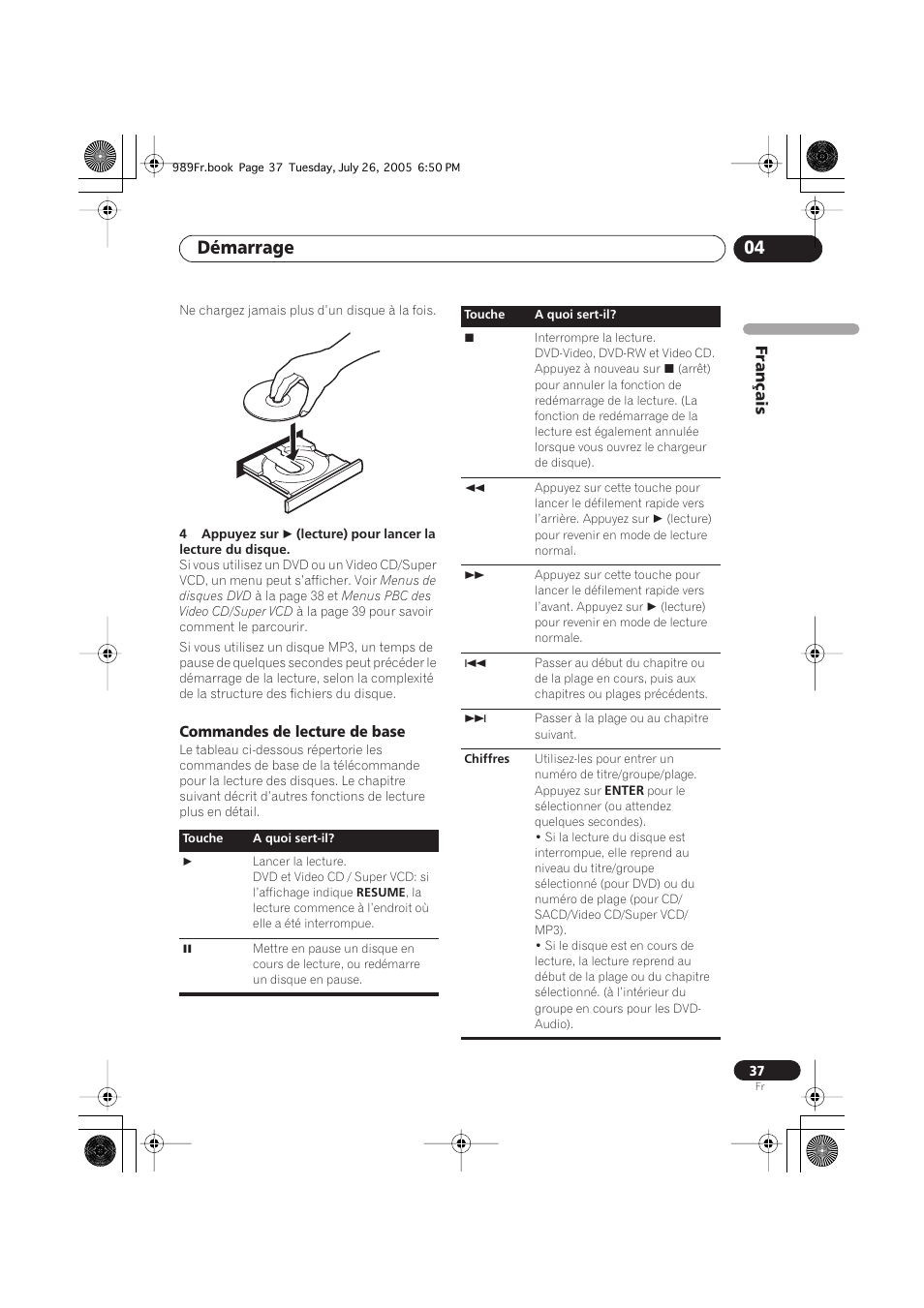Commandes de lecture de base, Démarrage 04 | Pioneer DV-989AVi-S User Manual | Page 37 / 204