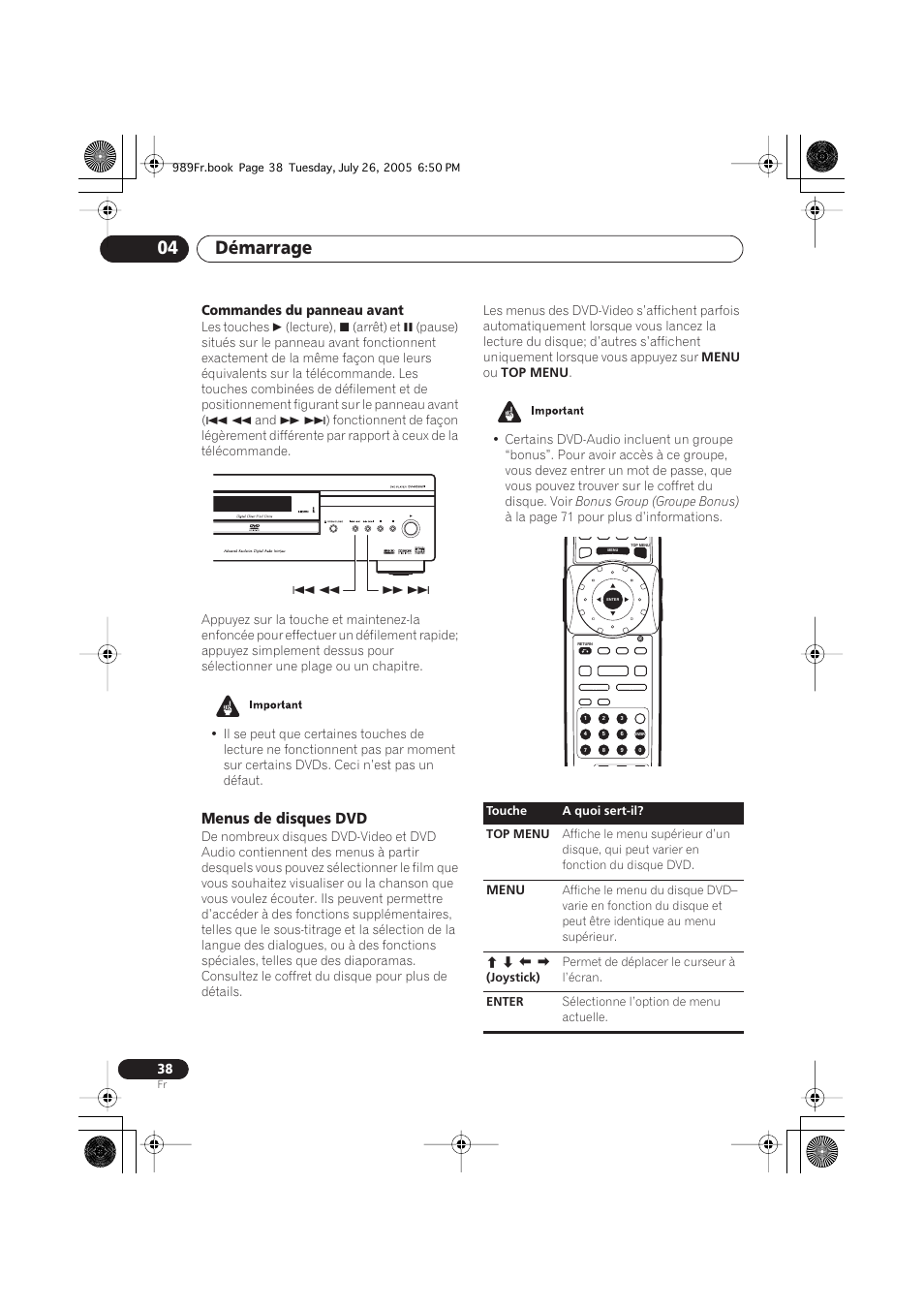 Menus de disques dvd, Démarrage 04, Commandes du panneau avant | Pioneer DV-989AVi-S User Manual | Page 38 / 204